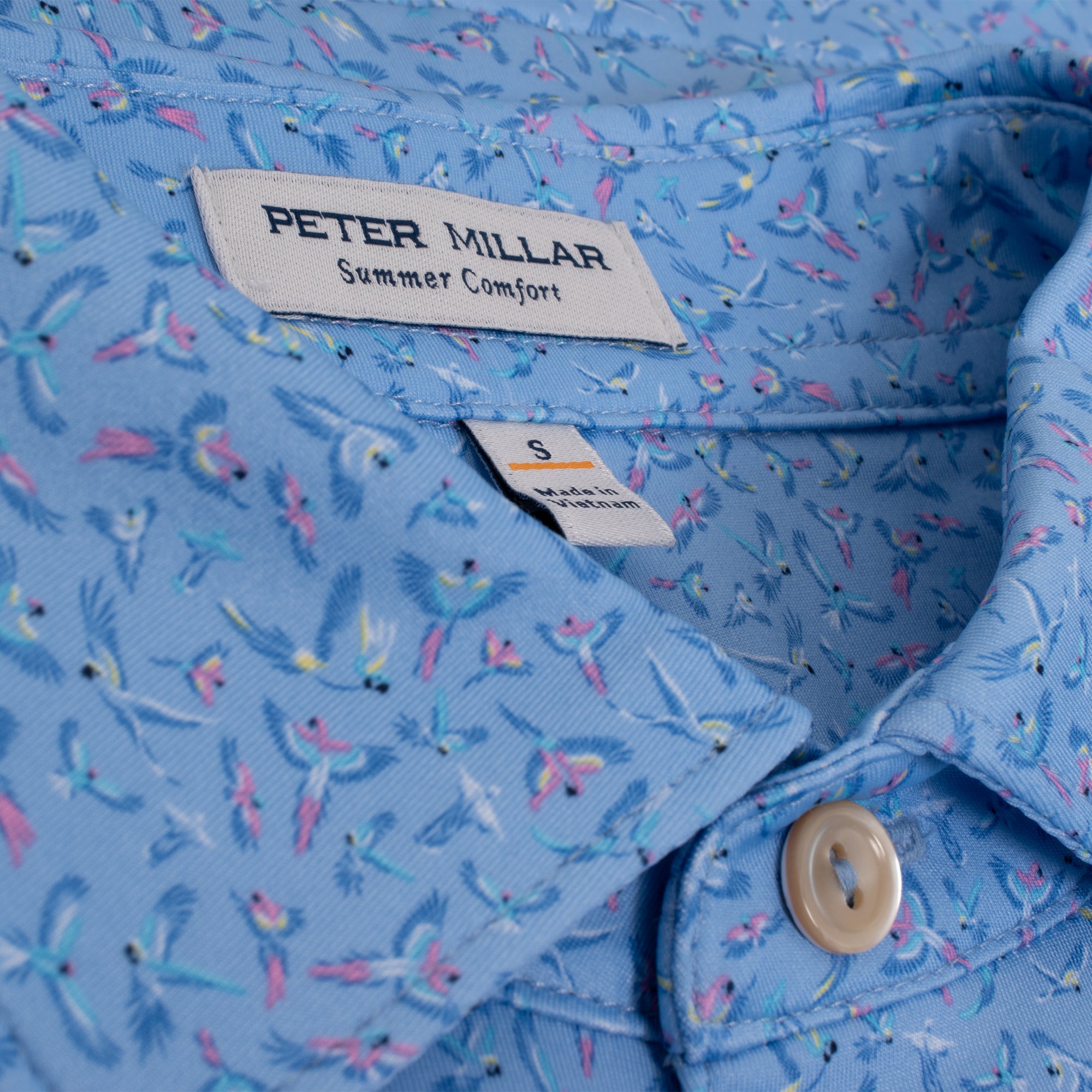 Close-up of collar on Peter Millar Macaw Polo Shirt – mens golf polo shirts UK